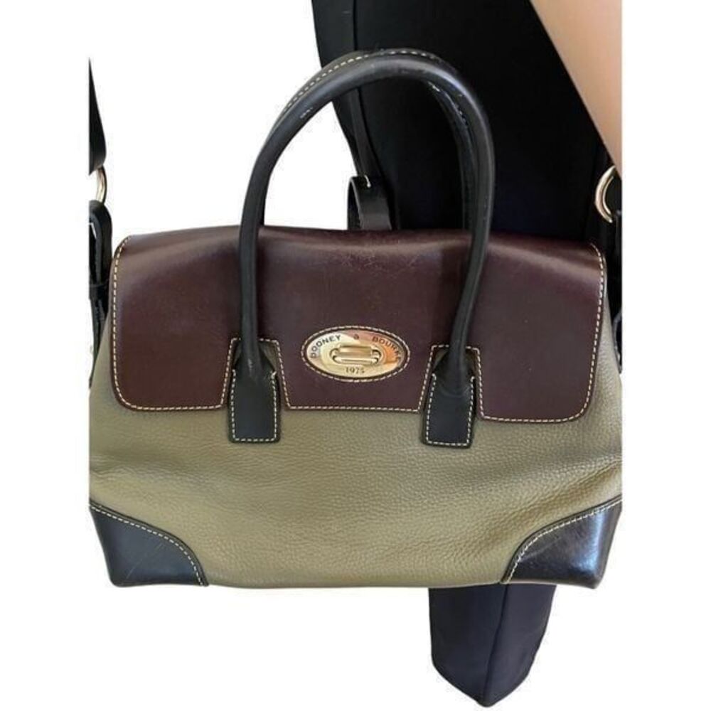 Dooney & Bourke Olive Elisa Leather Satchel W Brown Flap, Black Handles and Shou